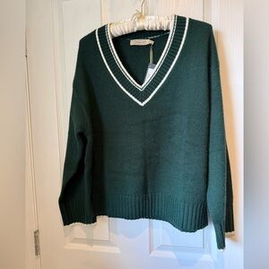Deep Green V-Neck Sweater with Contrast White Trim
